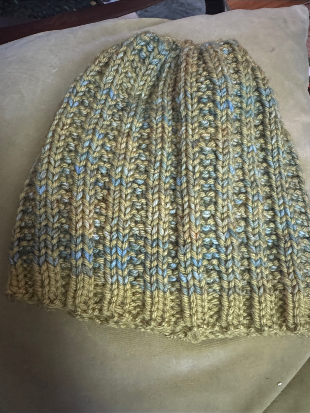 Hand Crafted Ribbed Knit Hat in Olive Green and Light Blue